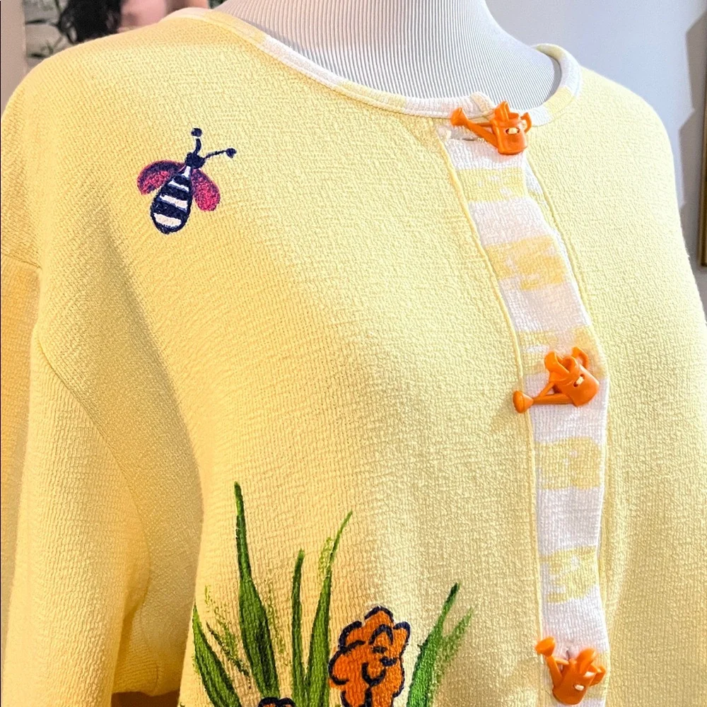 VINTAGE ONQUE CASUALS FLORAL GARDEN CARDIGAN TOP YELLOW MULTICOLOR SIZE LARGE - Picture 3 of 15
